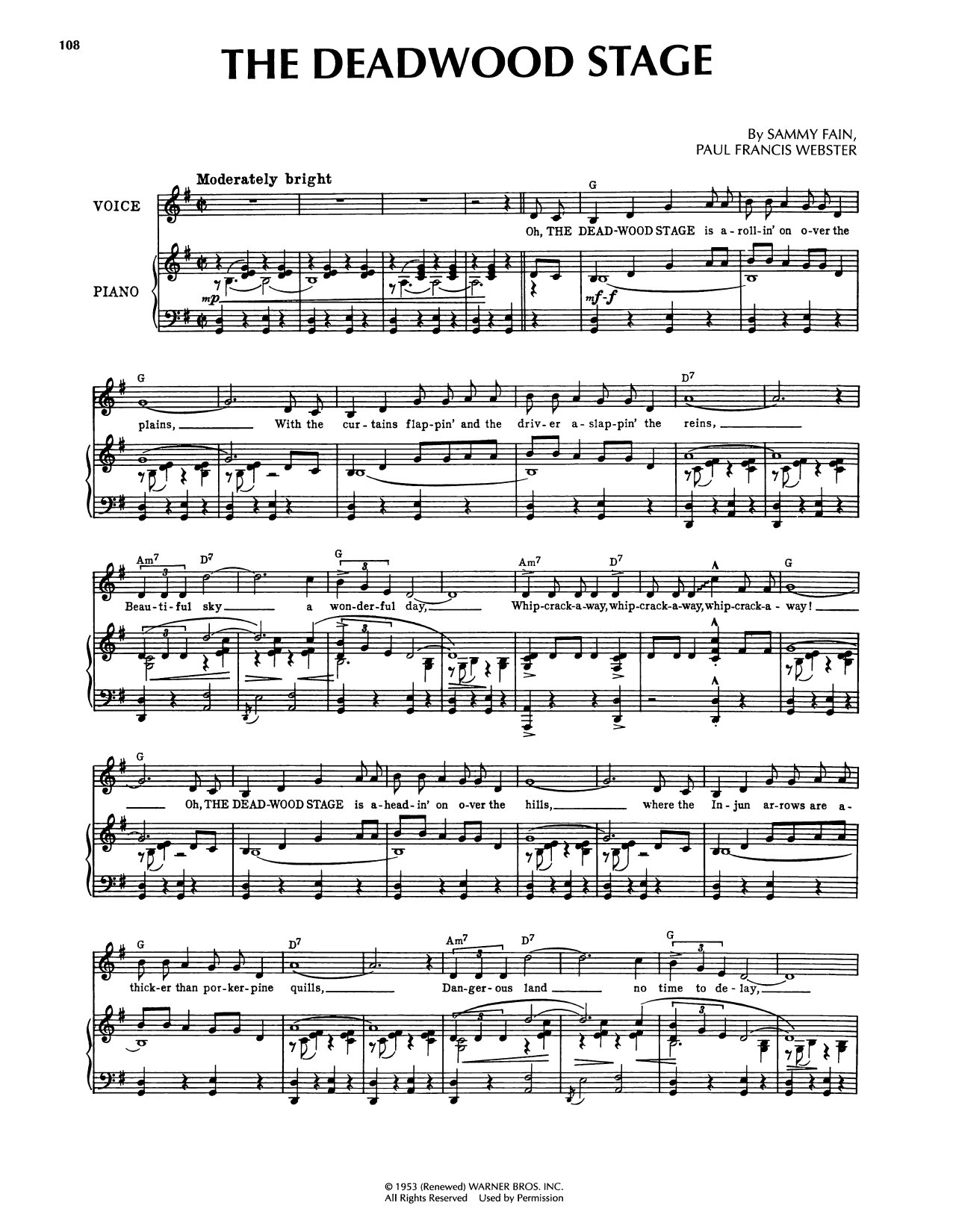 Sammy Fain Deadwood Stage (from Calamity Jane) Sheet Music Notes & Chords for Piano, Vocal & Guitar Chords (Right-Hand Melody) - Download or Print PDF