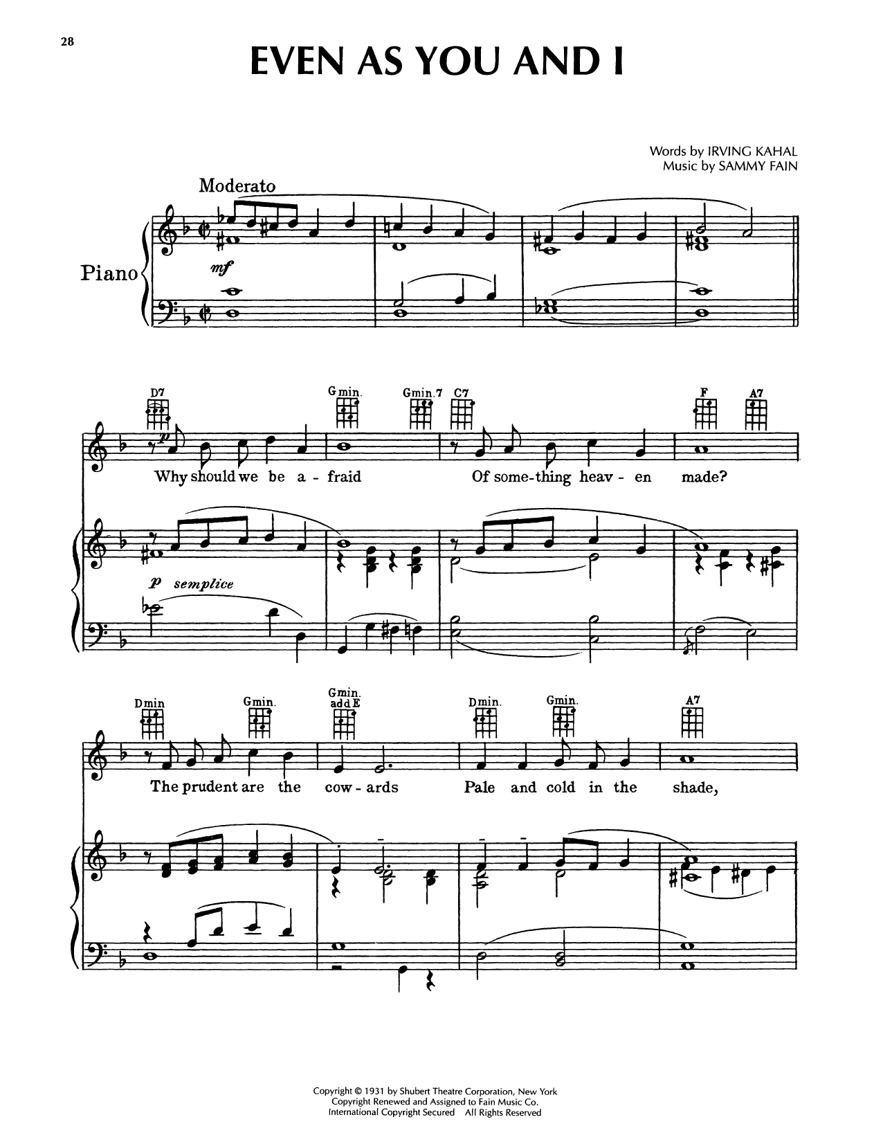 Sammy Fain Even As You And I Sheet Music Notes & Chords for Piano, Vocal & Guitar Chords (Right-Hand Melody) - Download or Print PDF
