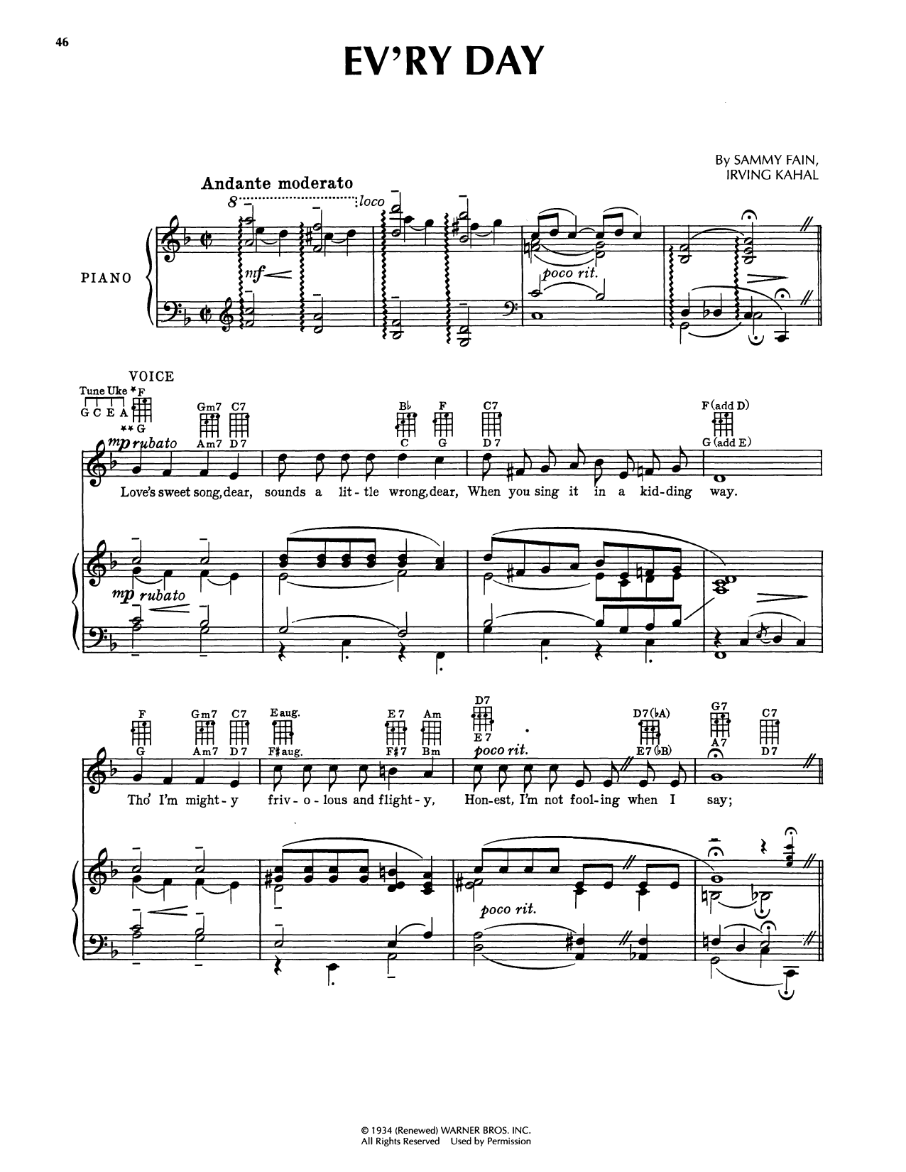Sammy Fain Ev'ry Day (from Sweet Music) Sheet Music Notes & Chords for Piano, Vocal & Guitar Chords (Right-Hand Melody) - Download or Print PDF