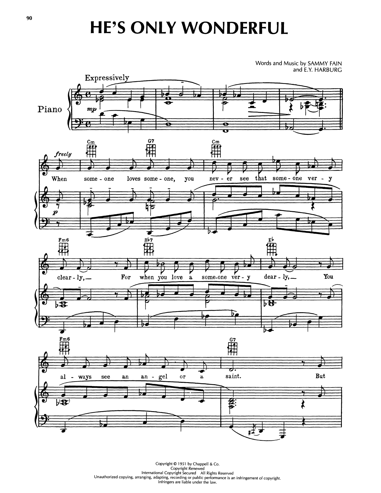Sammy Fain He's Only Wonderful (from Flahooley) Sheet Music Notes & Chords for Piano, Vocal & Guitar Chords (Right-Hand Melody) - Download or Print PDF