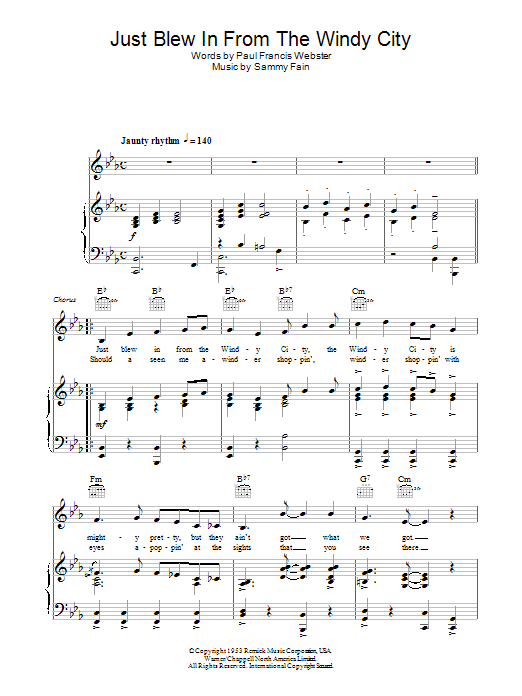Sammy Fain Just Blew In From The Windy City Sheet Music Notes & Chords for Piano, Vocal & Guitar (Right-Hand Melody) - Download or Print PDF