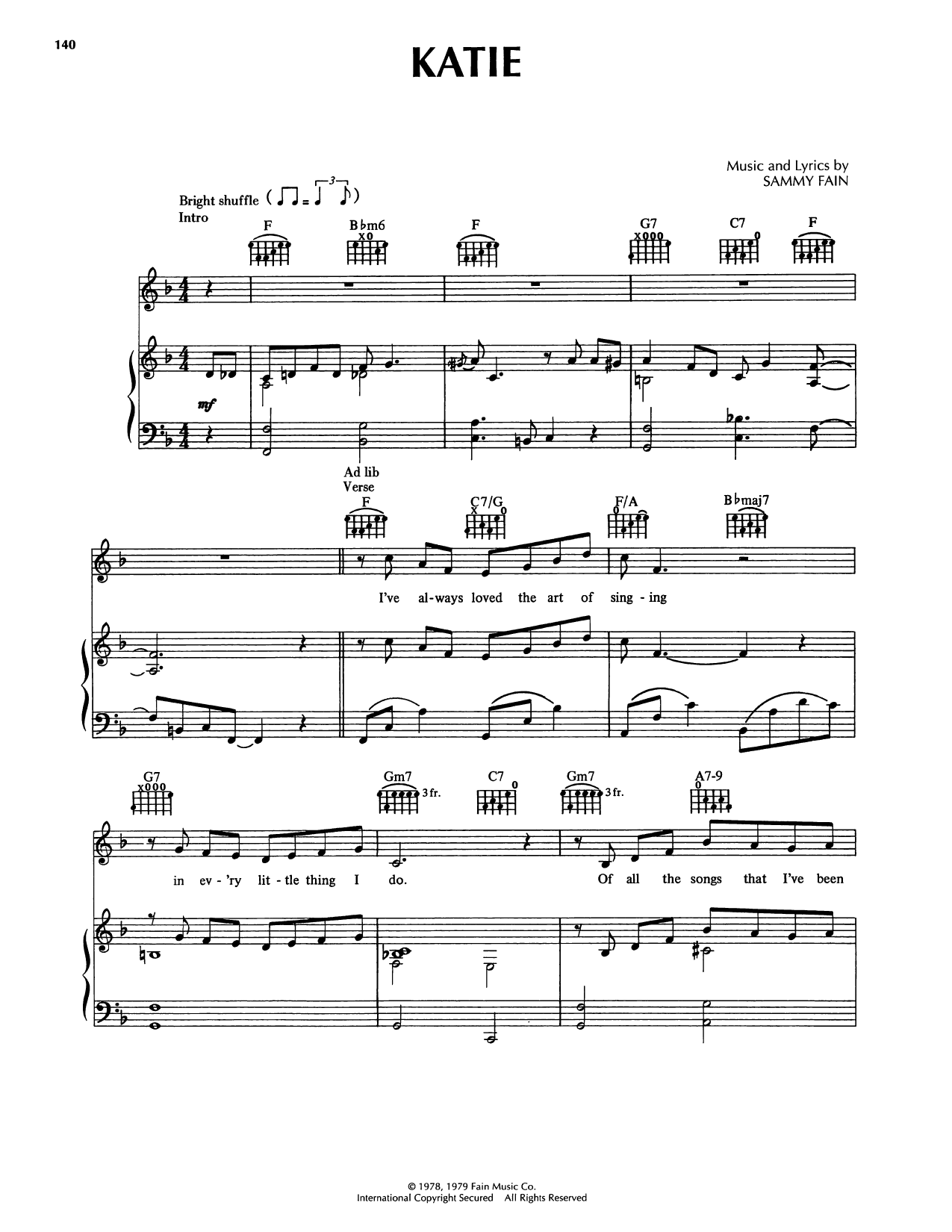 Sammy Fain Katie Sheet Music Notes & Chords for Piano, Vocal & Guitar Chords (Right-Hand Melody) - Download or Print PDF