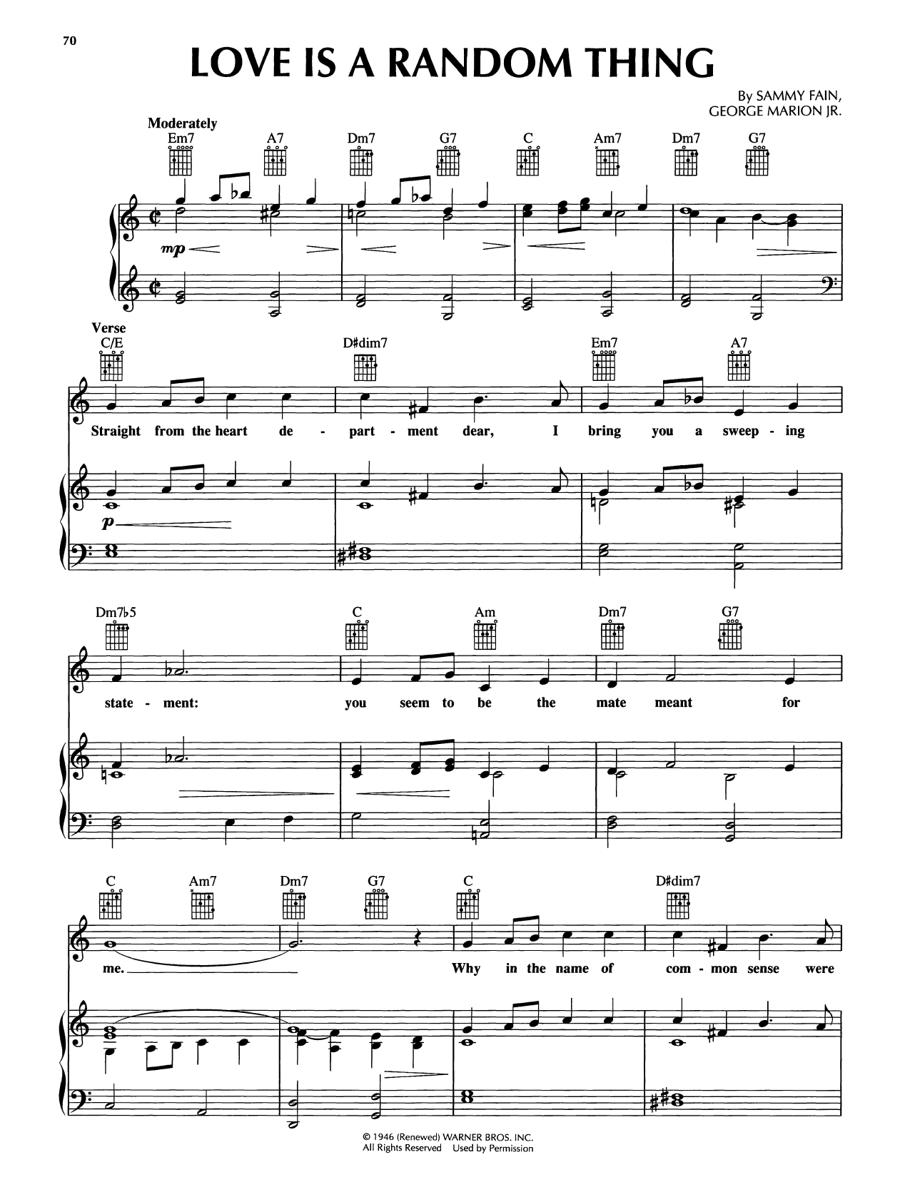 Sammy Fain Love Is A Random Thing Sheet Music Notes & Chords for Piano, Vocal & Guitar Chords (Right-Hand Melody) - Download or Print PDF