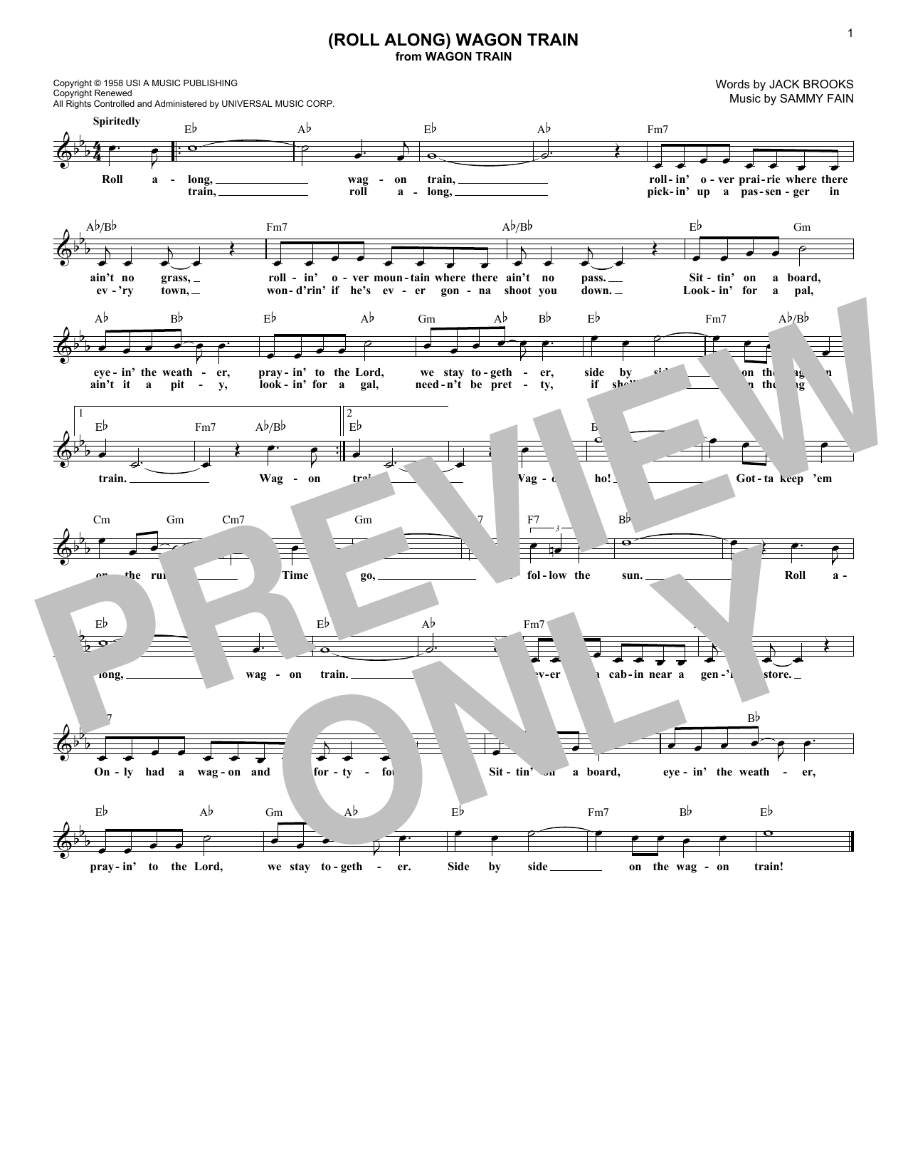 Sammy Fain (Roll Along) Wagon Train Sheet Music Notes & Chords for Lead Sheet / Fake Book - Download or Print PDF