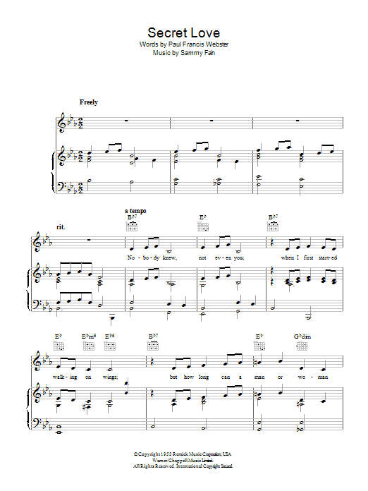 Sammy Fain Secret Love Sheet Music Notes & Chords for Piano, Vocal & Guitar - Download or Print PDF
