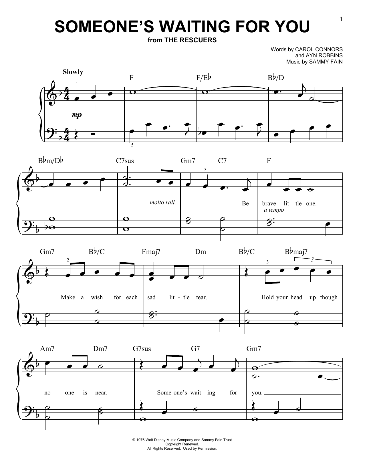 Sammy Fain Someone's Waiting For You (from Disney's The Rescuers) Sheet Music Notes & Chords for Very Easy Piano - Download or Print PDF