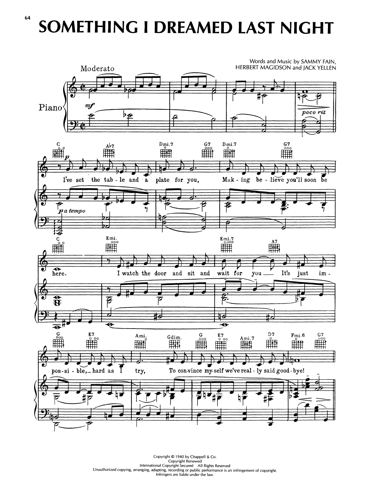 Sammy Fain Something I Dreamed Last Night Sheet Music Notes & Chords for Piano, Vocal & Guitar Chords (Right-Hand Melody) - Download or Print PDF