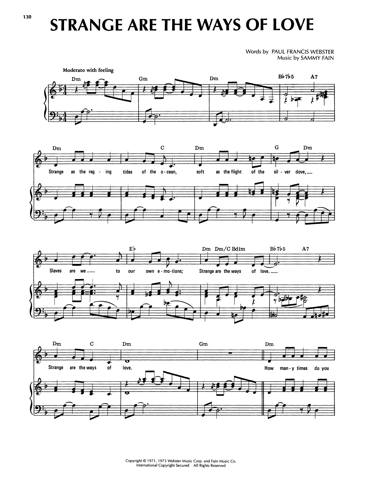 Sammy Fain Strange Are The Ways Of Love Sheet Music Notes & Chords for Piano, Vocal & Guitar Chords (Right-Hand Melody) - Download or Print PDF
