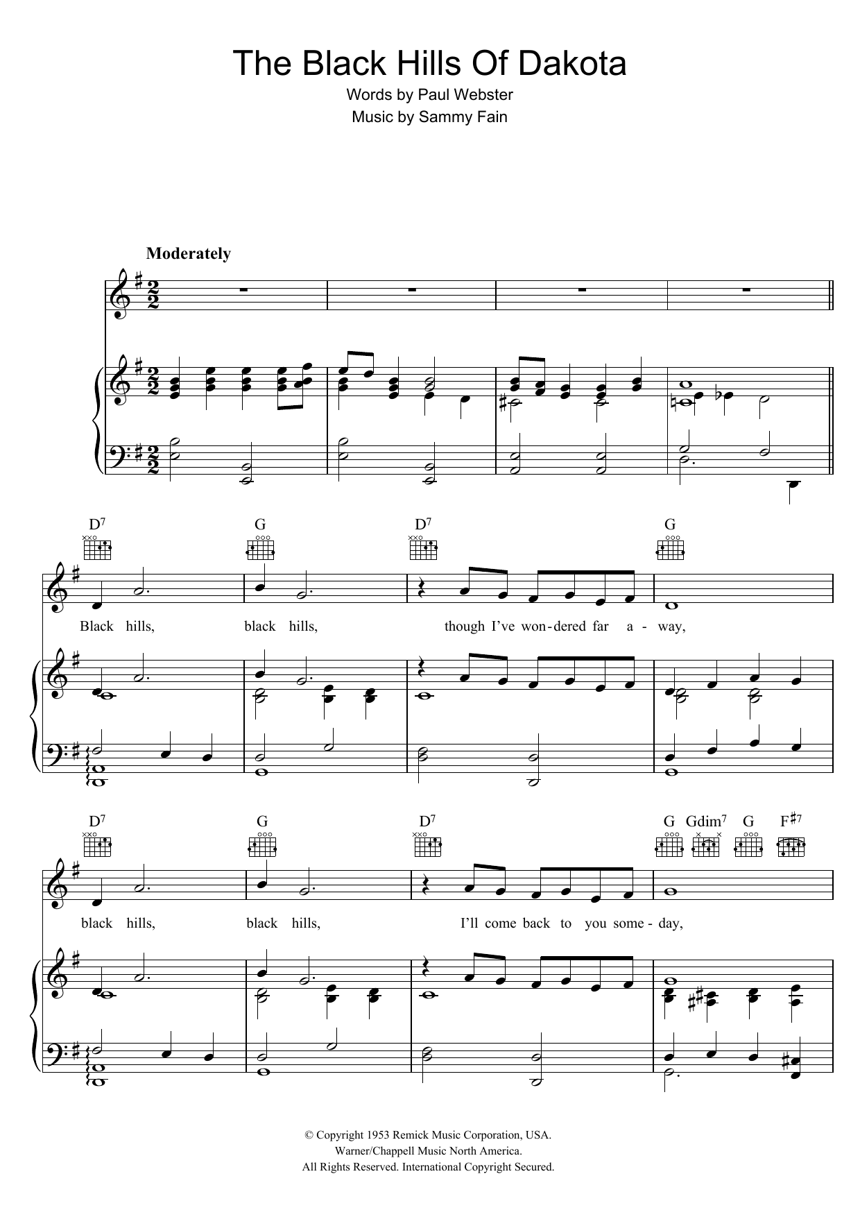 Sammy Fain The Black Hills Of Dakota Sheet Music Notes & Chords for Piano, Vocal & Guitar - Download or Print PDF