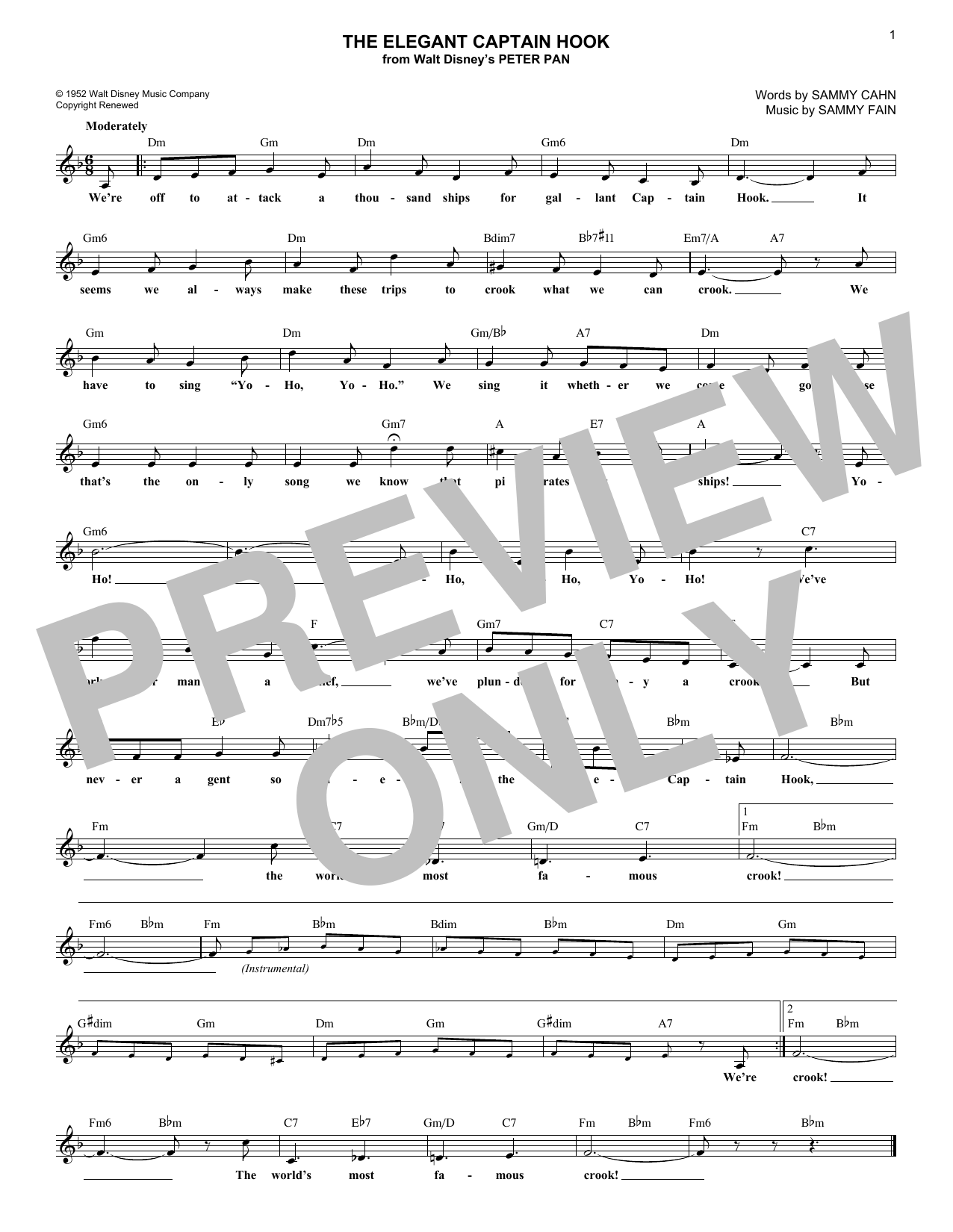 Sammy Fain The Elegant Captain Hook Sheet Music Notes & Chords for Piano, Vocal & Guitar (Right-Hand Melody) - Download or Print PDF