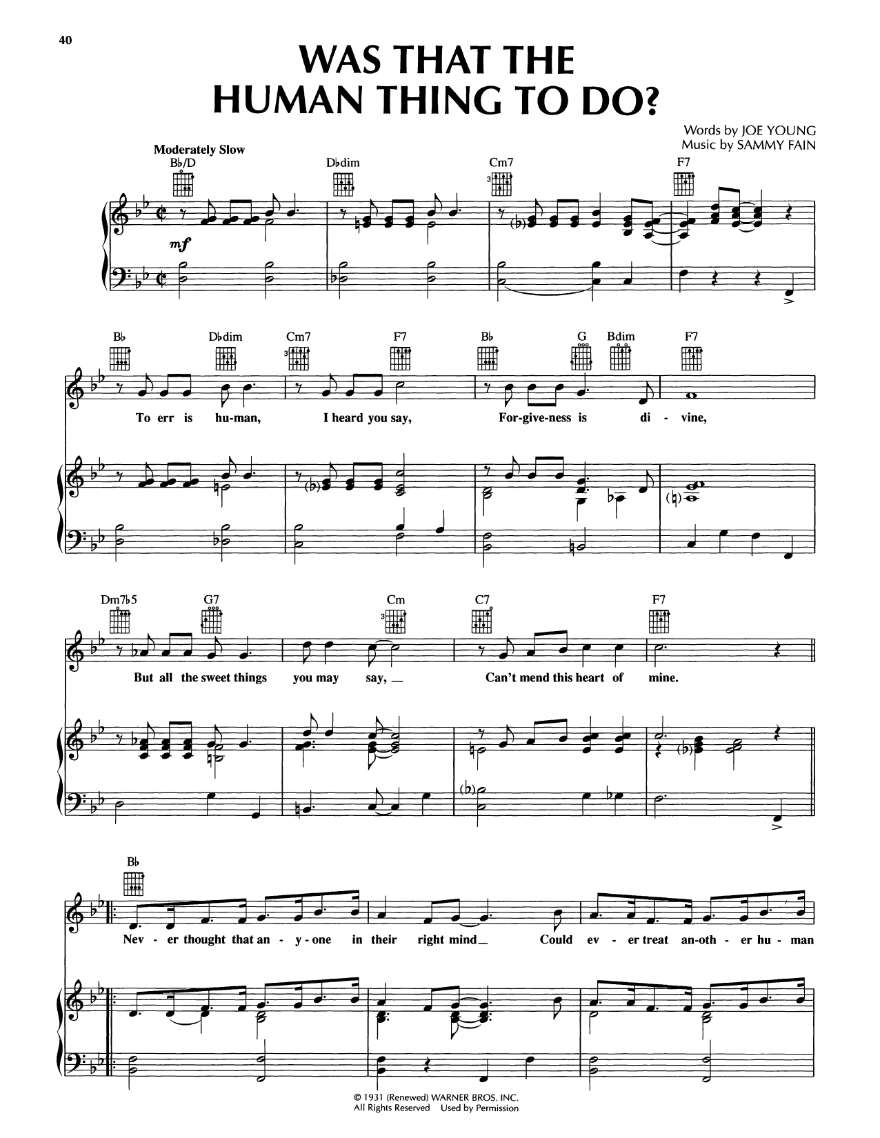 Sammy Fain Was That The Human Thing To Do Sheet Music Notes & Chords for Piano, Vocal & Guitar Chords (Right-Hand Melody) - Download or Print PDF