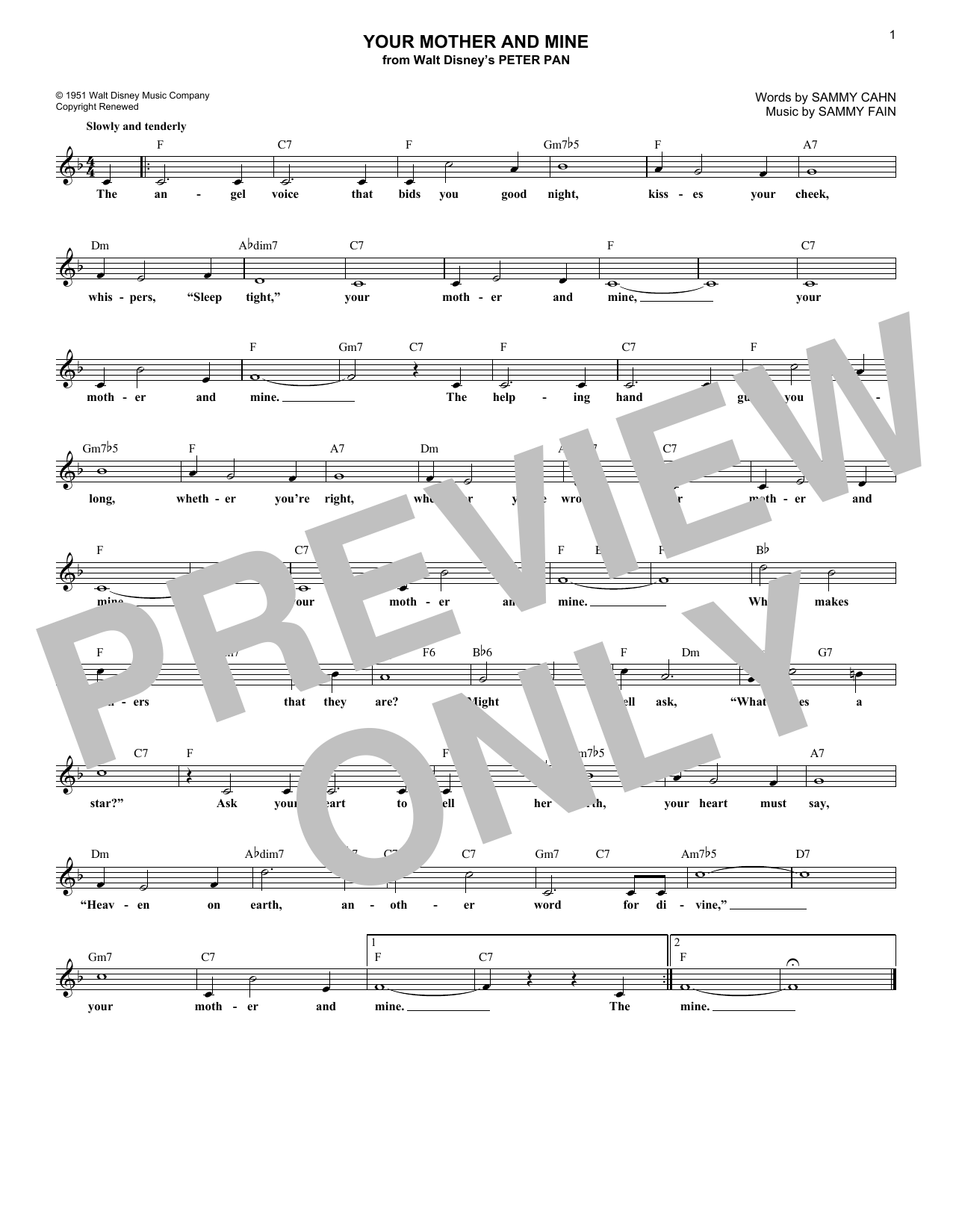 Sammy Fain Your Mother And Mine Sheet Music Notes & Chords for Melody Line, Lyrics & Chords - Download or Print PDF