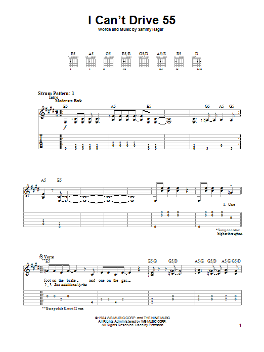 Sammy Hagar I Can't Drive 55 Sheet Music Notes & Chords for Guitar Tab - Download or Print PDF