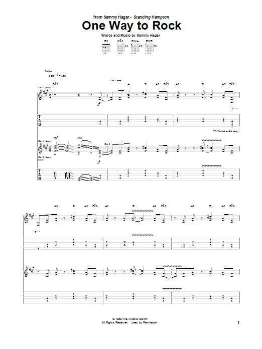 Sammy Hagar One Way To Rock Sheet Music Notes & Chords for Guitar Tab - Download or Print PDF