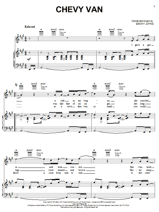 Sammy Johns Chevy Van Sheet Music Notes & Chords for Piano, Vocal & Guitar (Right-Hand Melody) - Download or Print PDF