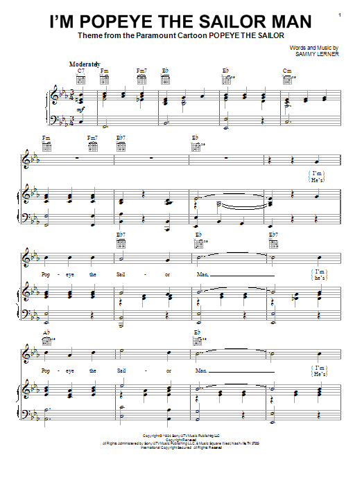 Sammy Lerner I'm Popeye The Sailor Man Sheet Music Notes & Chords for Lyrics & Chords - Download or Print PDF