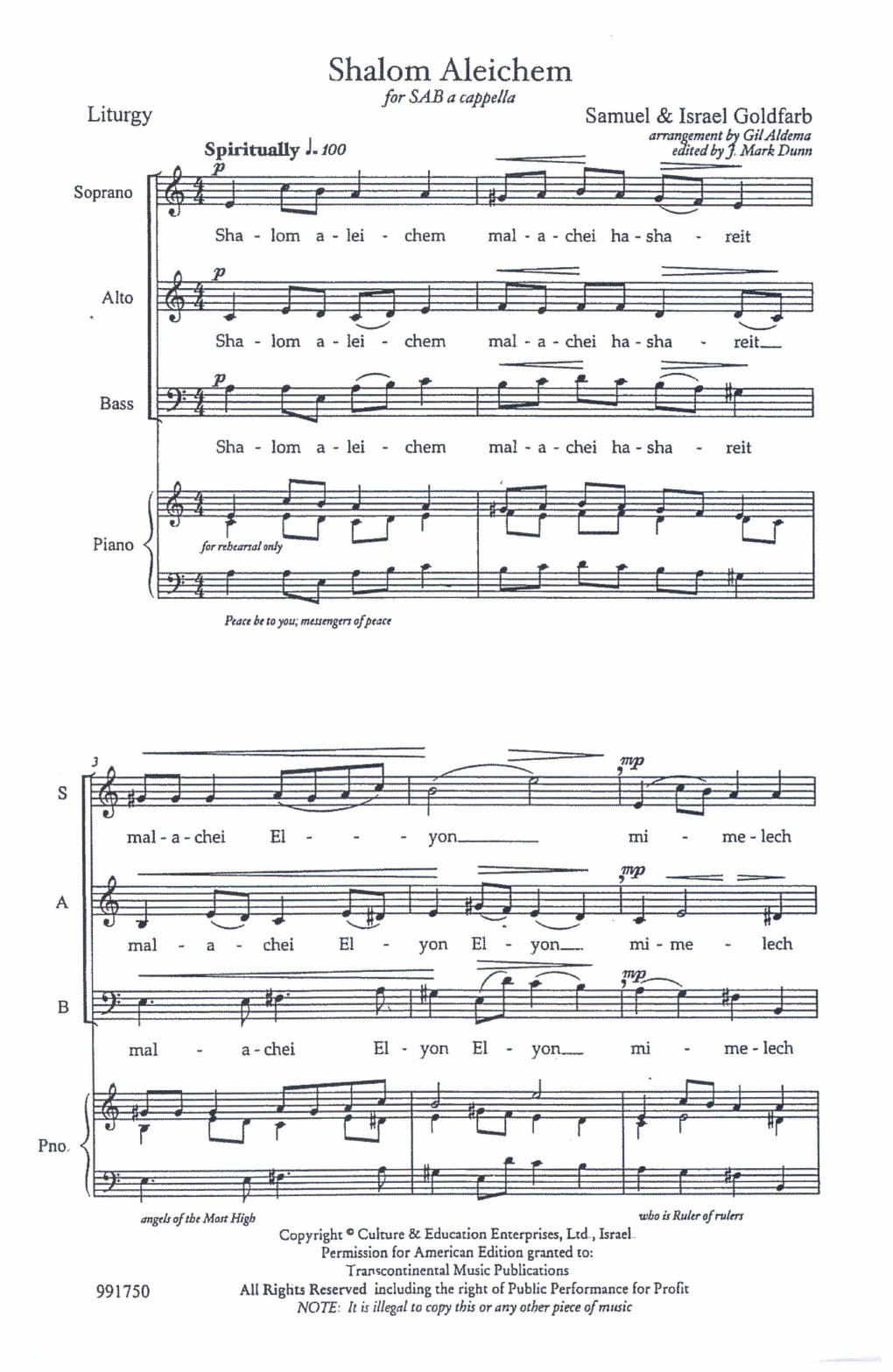 Samuel & Israel Goldfarb Shalom Aleichem (arr. Gil Aldema) Sheet Music Notes & Chords for SAB Choir - Download or Print PDF