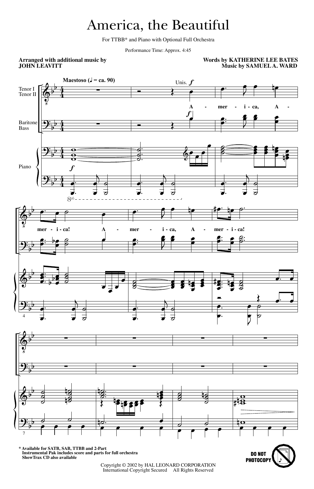 Samuel A. Ward America, The Beautiful (arr. John Leavitt) Sheet Music Notes & Chords for SAB Choir - Download or Print PDF