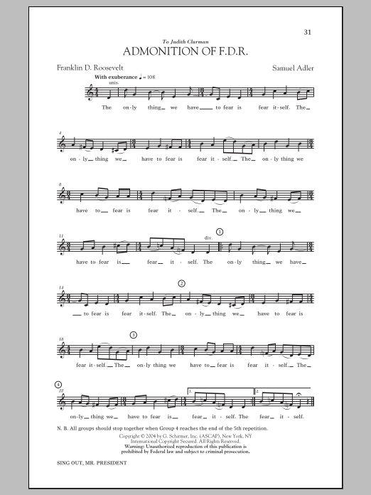 Samuel Adler Admonition Of FDR Sheet Music Notes & Chords for Unison Choral - Download or Print PDF