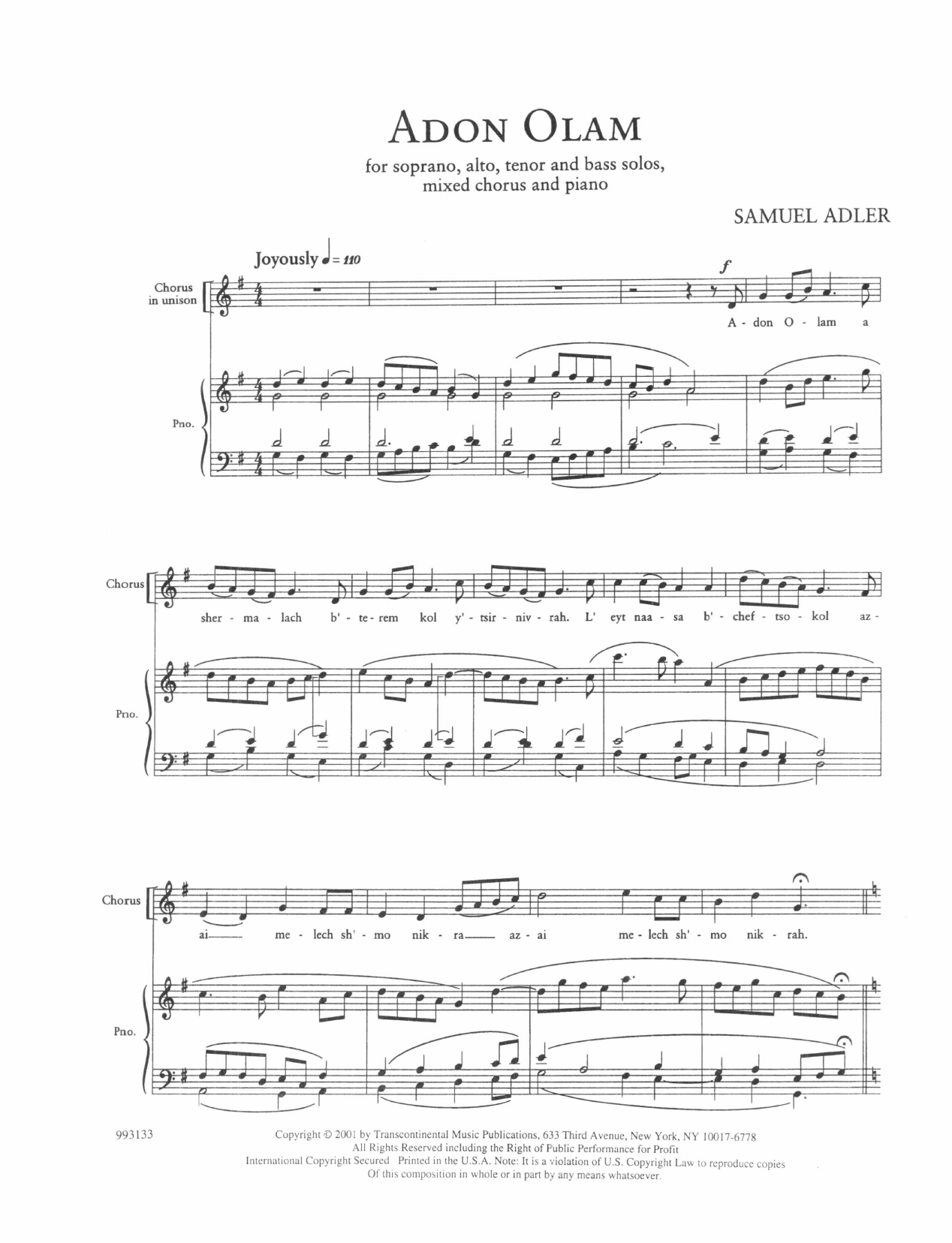 Samuel Adler Five Sephardic Choruses: Adon Olam Sheet Music Notes & Chords for SATB - Download or Print PDF
