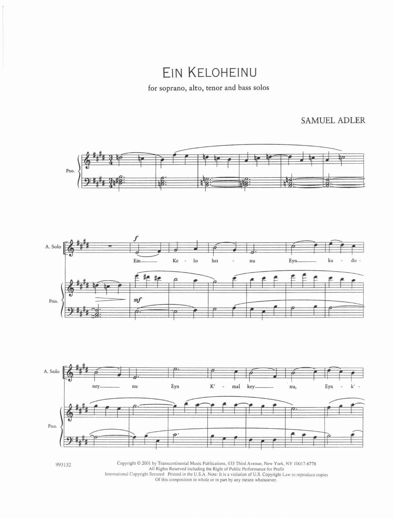 Samuel Adler Five Sephardic Choruses: Ein Keloheinu Sheet Music Notes & Chords for SATB - Download or Print PDF
