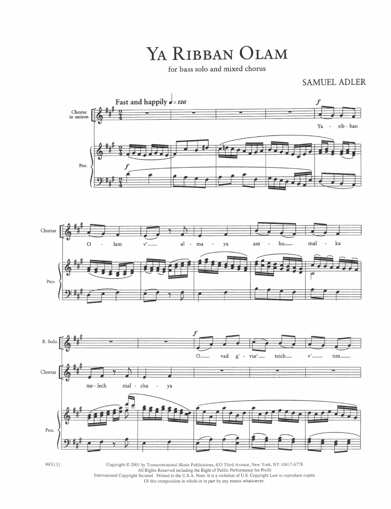 Samuel Adler Five Sephardic Choruses: Ya Ribban Olam Sheet Music Notes & Chords for SATB - Download or Print PDF