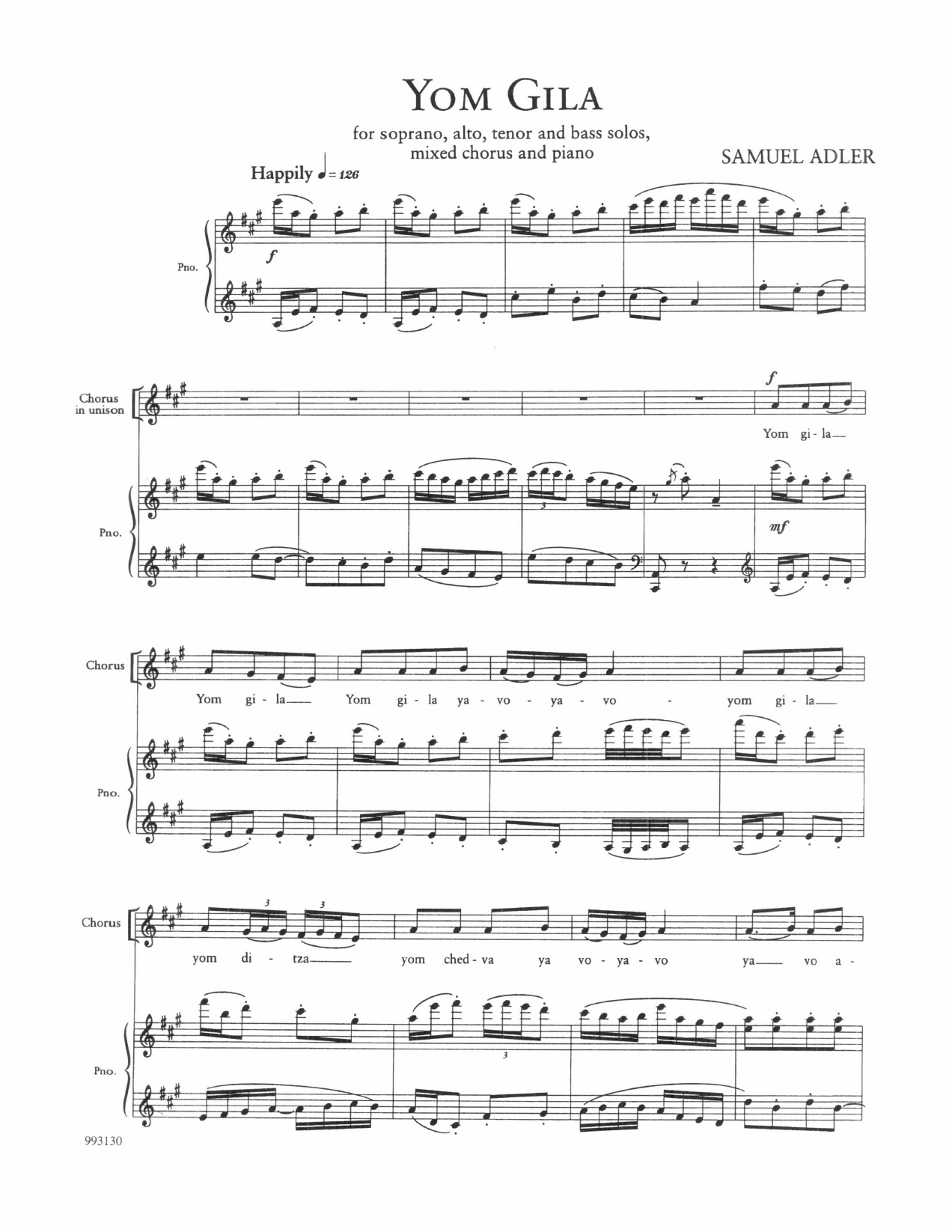 Samuel Adler Five Sephardic Choruses: Yom Gila Sheet Music Notes & Chords for SATB - Download or Print PDF