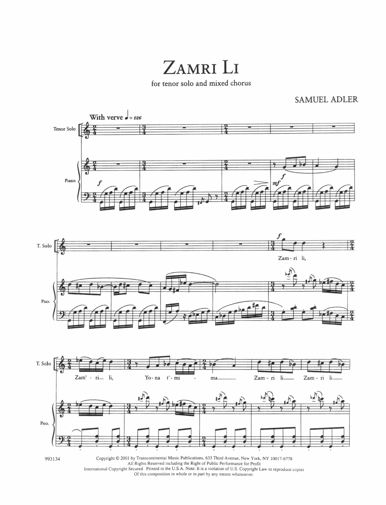 Samuel Adler Five Sephardic Choruses: Zamri Li Sheet Music Notes & Chords for SATB - Download or Print PDF