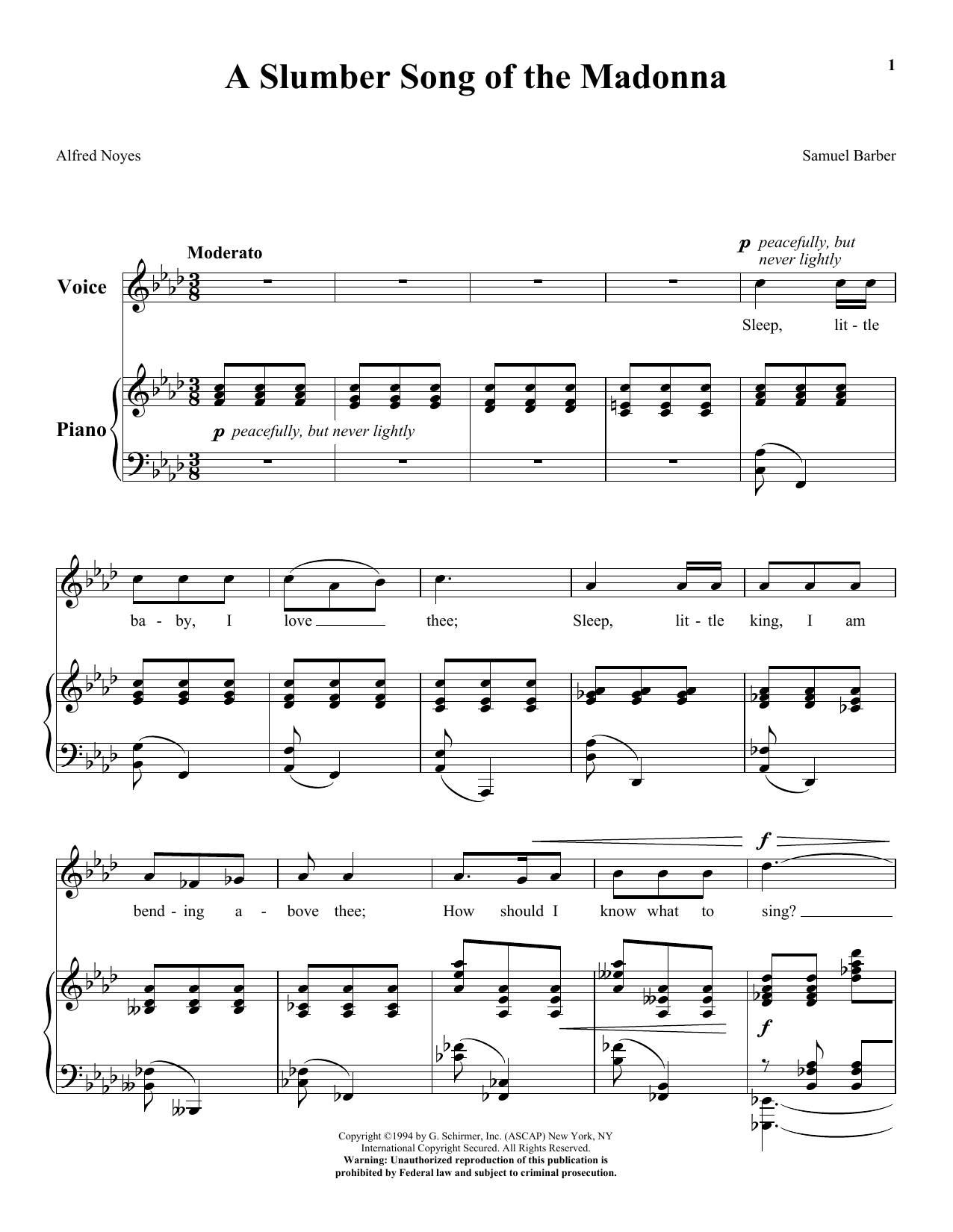 Samuel Barber A Slumber Song Of The Madonna Sheet Music Notes & Chords for Piano & Vocal - Download or Print PDF