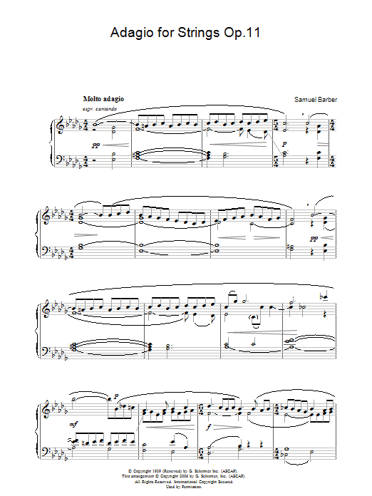 Samuel Barber Adagio For Strings Op.11 Sheet Music Notes & Chords for Piano - Download or Print PDF