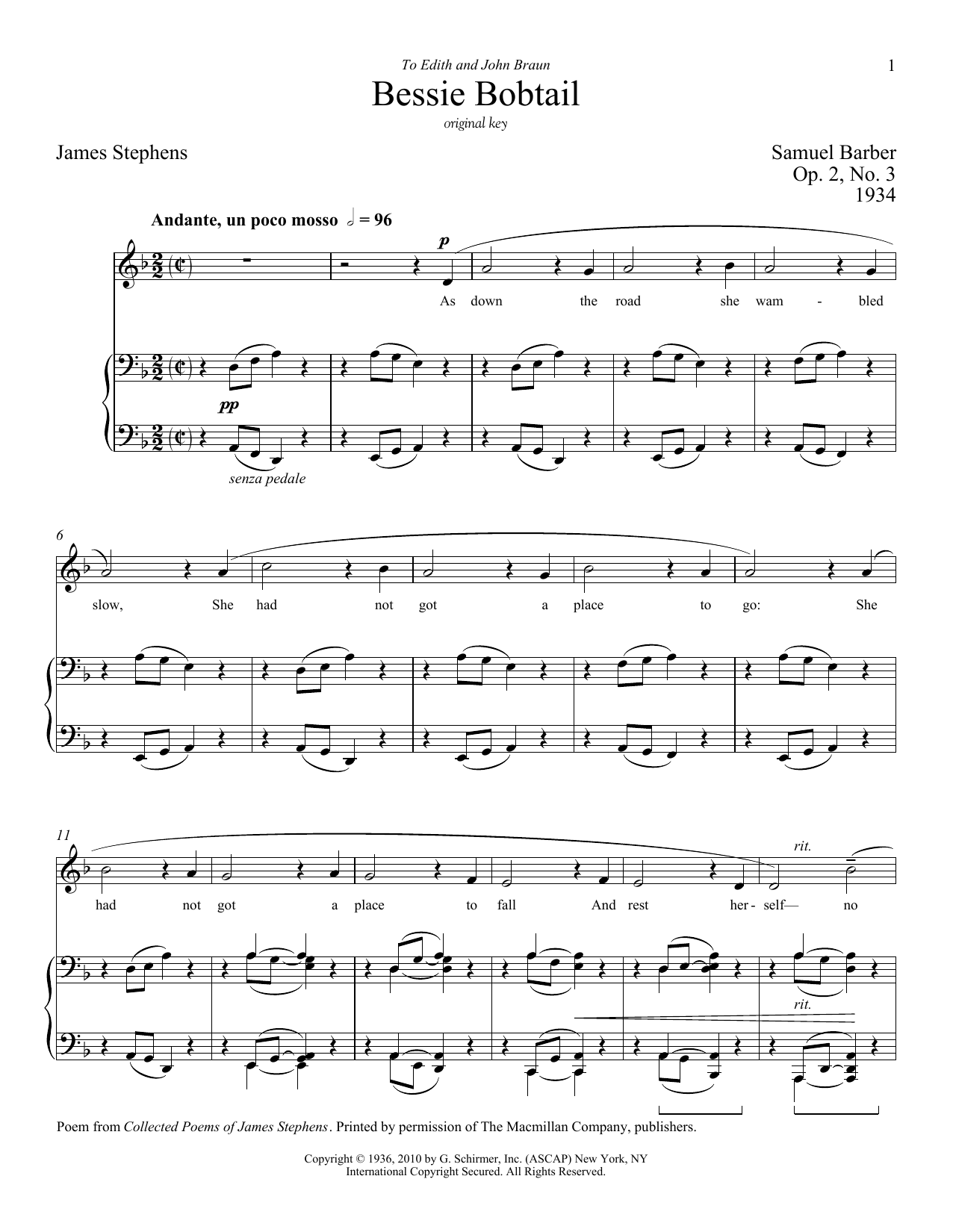 Samuel Barber Bessie Bobtail Sheet Music Notes & Chords for Piano & Vocal - Download or Print PDF