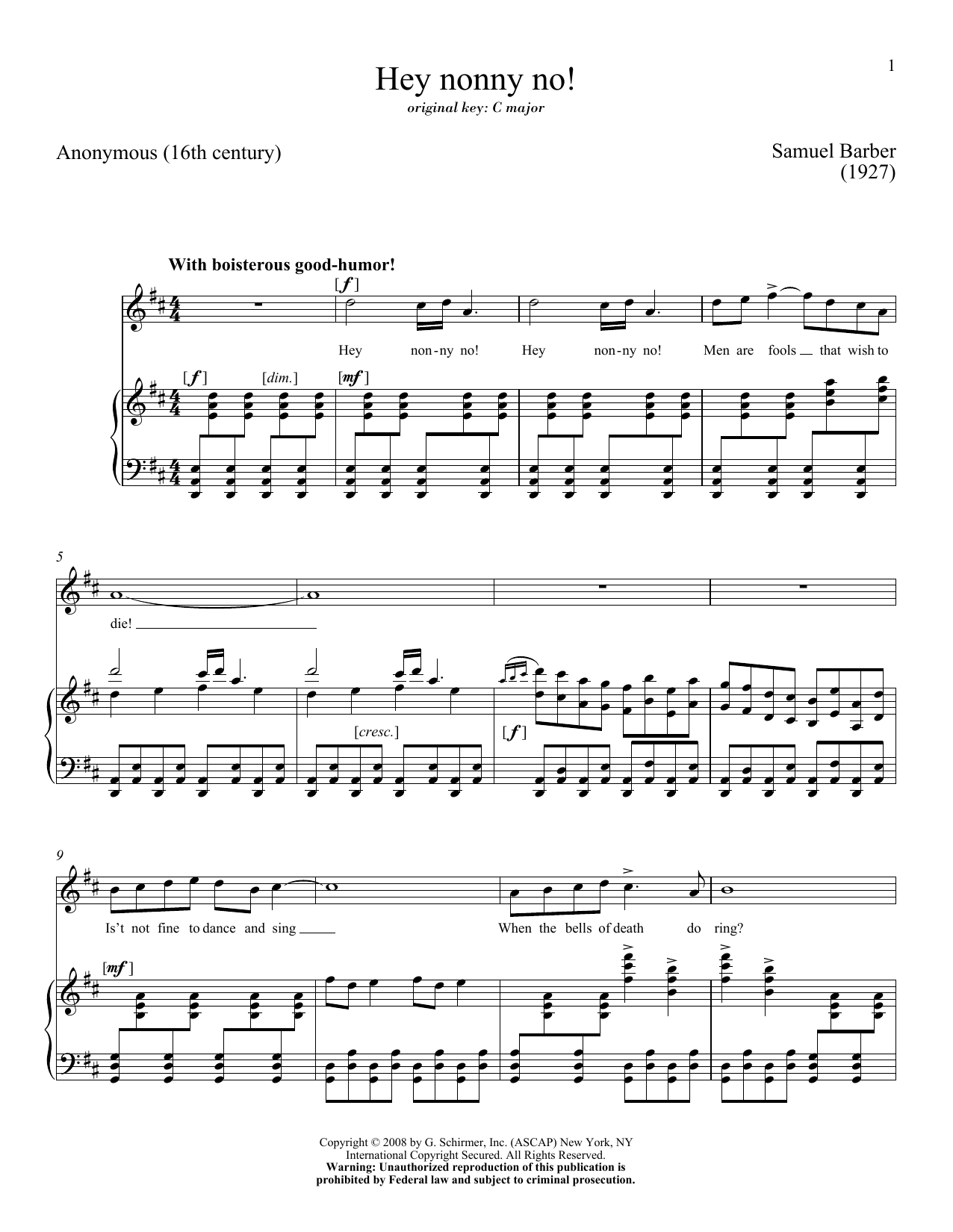 Samuel Barber Hey Nonny-No! Sheet Music Notes & Chords for Piano & Vocal - Download or Print PDF