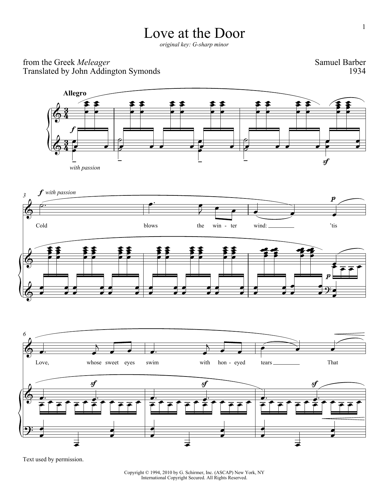 Samuel Barber Love At The Door Sheet Music Notes & Chords for Piano & Vocal - Download or Print PDF