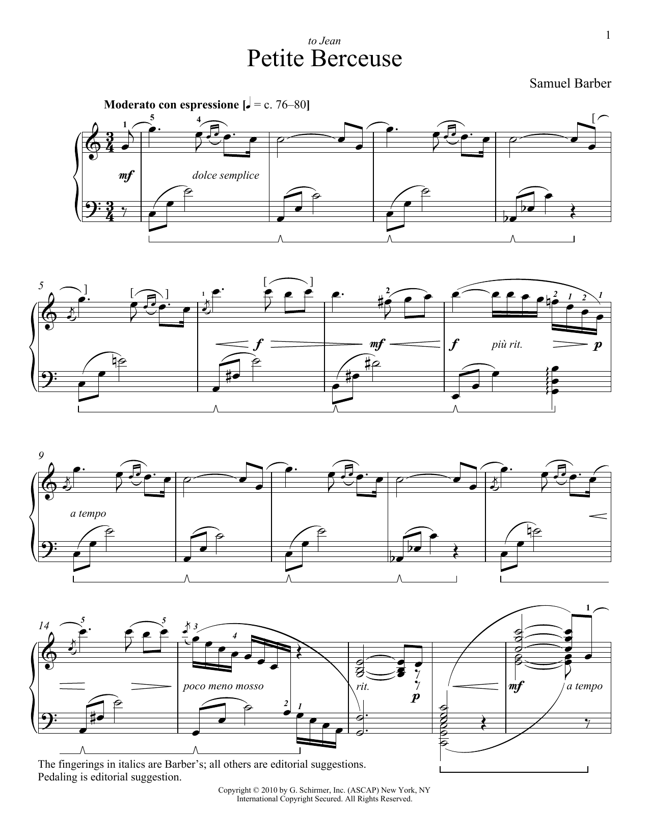 Samuel Barber Petite Berceuse Sheet Music Notes & Chords for Piano - Download or Print PDF