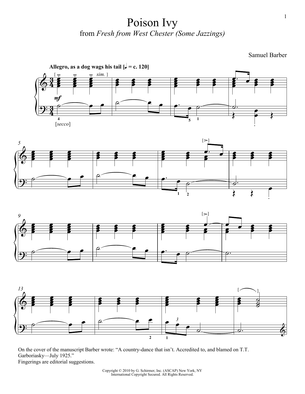 Samuel Barber Poison Ivy Sheet Music Notes & Chords for Piano - Download or Print PDF