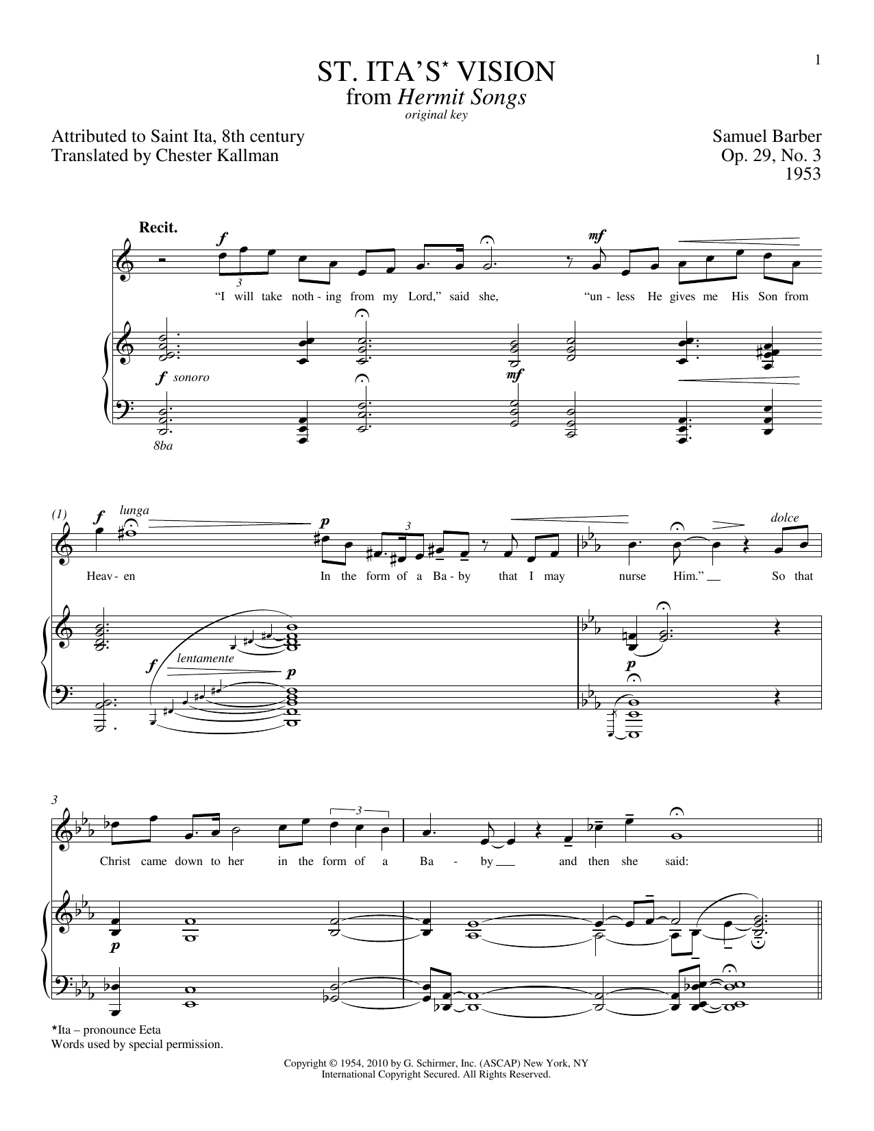 Samuel Barber St. Ita's Vision Sheet Music Notes & Chords for Piano & Vocal - Download or Print PDF