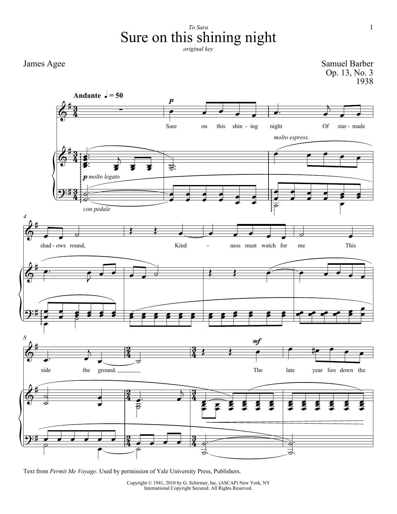Samuel Barber Sure On This Shining Night Sheet Music Notes & Chords for Piano & Vocal - Download or Print PDF