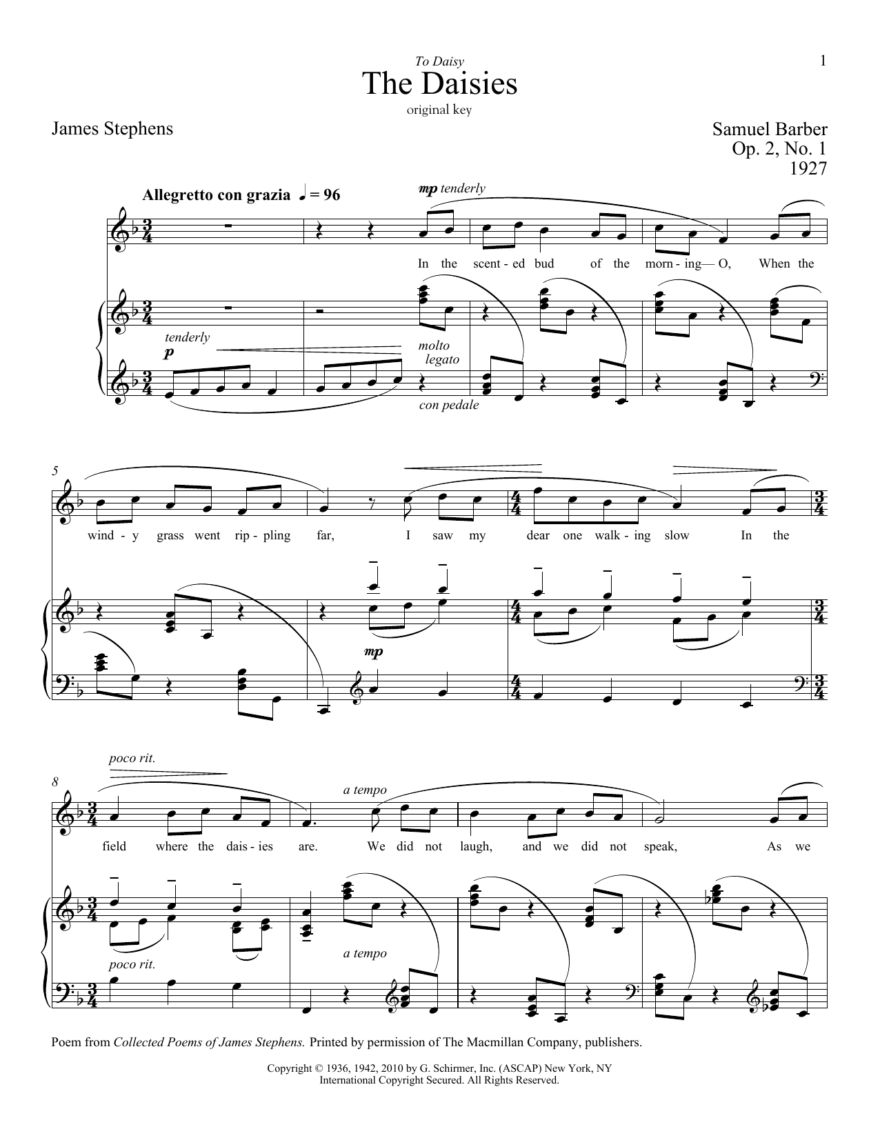 Samuel Barber The Daisies Sheet Music Notes & Chords for Piano & Vocal - Download or Print PDF