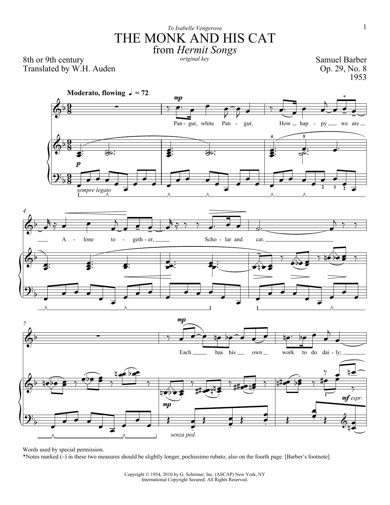 Samuel Barber The Monk And His Cat Sheet Music Notes & Chords for Piano & Vocal - Download or Print PDF