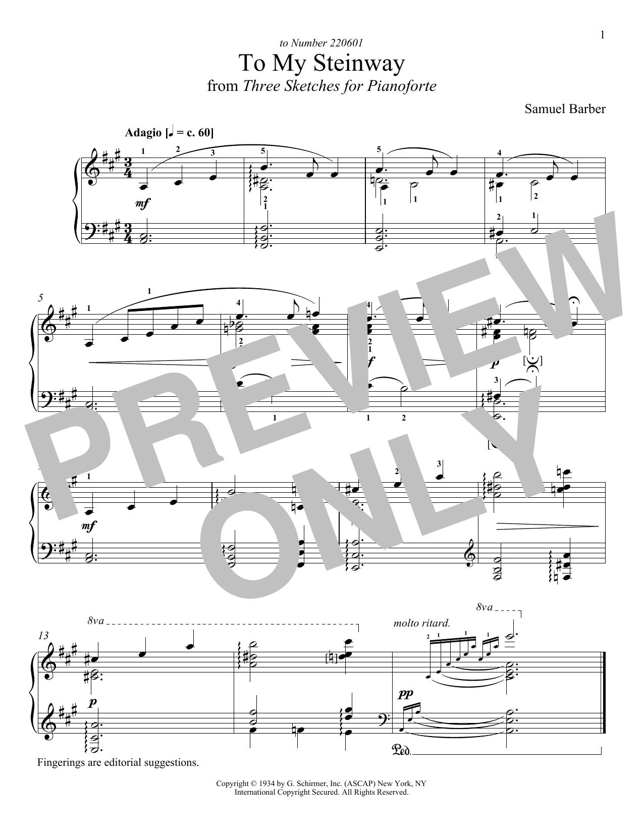 Samuel Barber To My Steinway Sheet Music Notes & Chords for Piano - Download or Print PDF