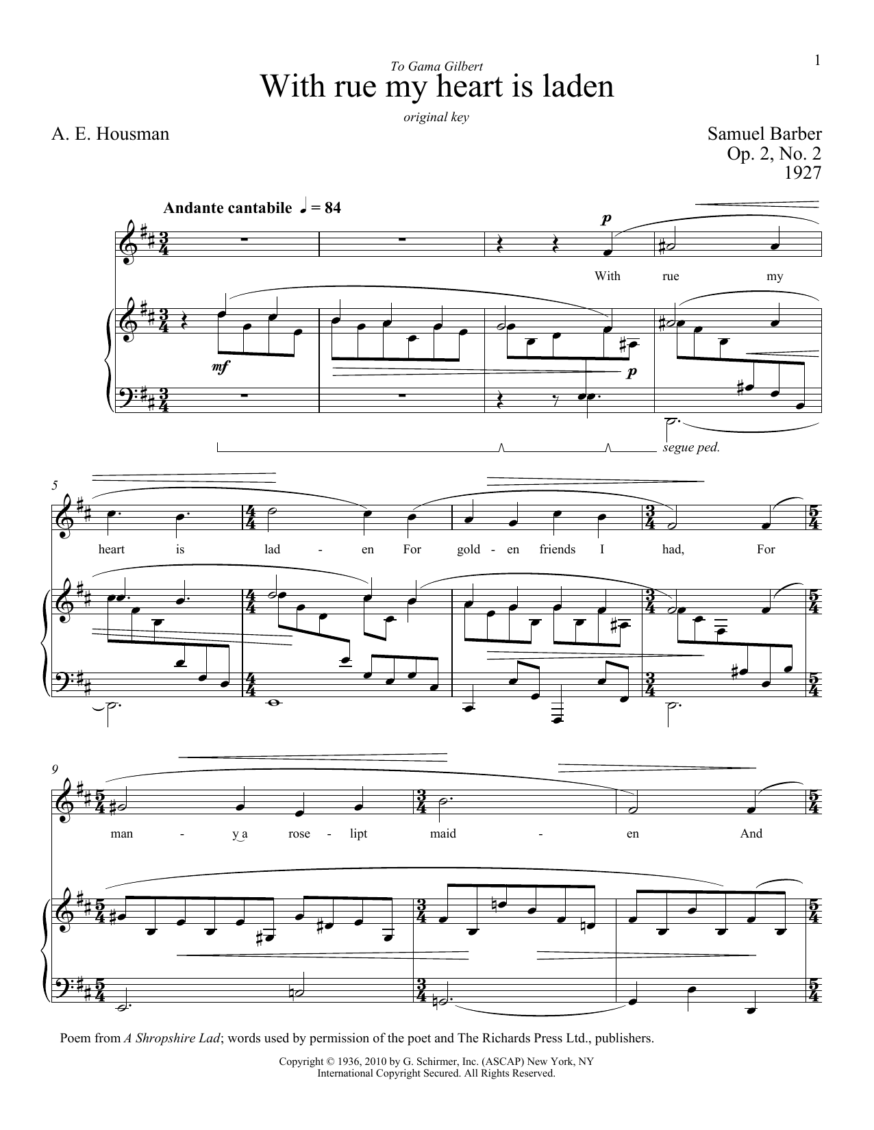 Samuel Barber With Rue My Heart Is Laden Sheet Music Notes & Chords for Piano & Vocal - Download or Print PDF