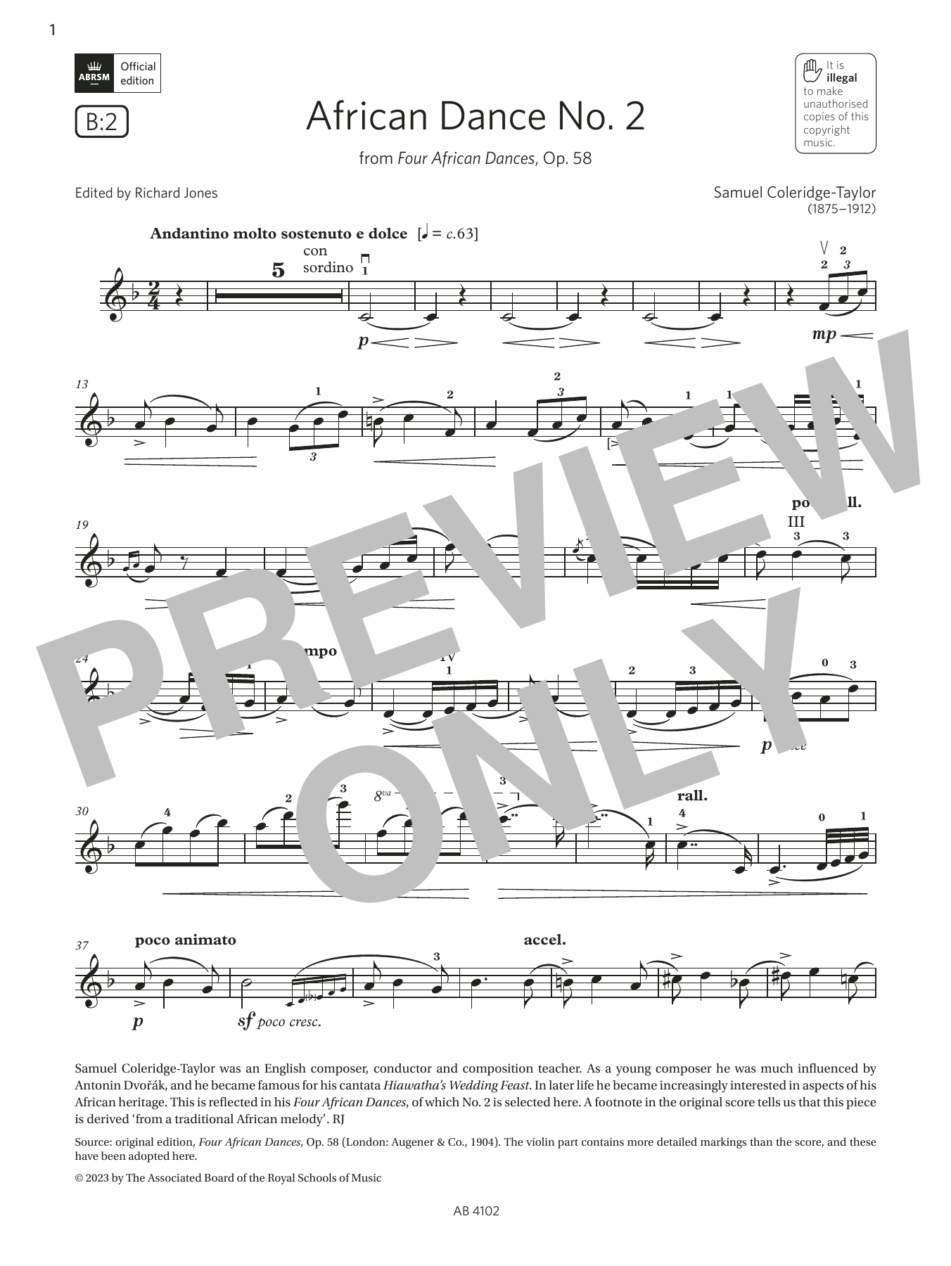 Samuel Coleridge-Taylor African Dance No. 2 (Grade 8, B2, from the ABRSM Violin Syllabus from 2024) Sheet Music Notes & Chords for Violin Solo - Download or Print PDF