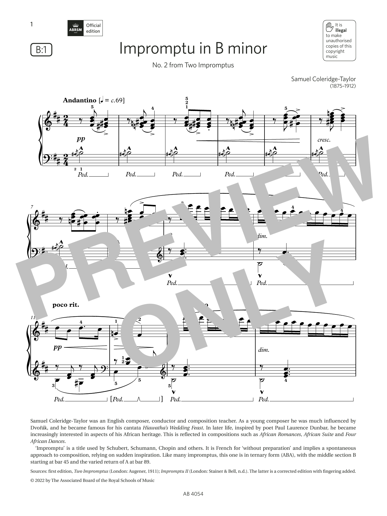 Samuel Coleridge-Taylor Impromptu in B minor (Grade 8, list B1, from the ABRSM Piano Syllabus 2023 & 2024) Sheet Music Notes & Chords for Piano Solo - Download or Print PDF
