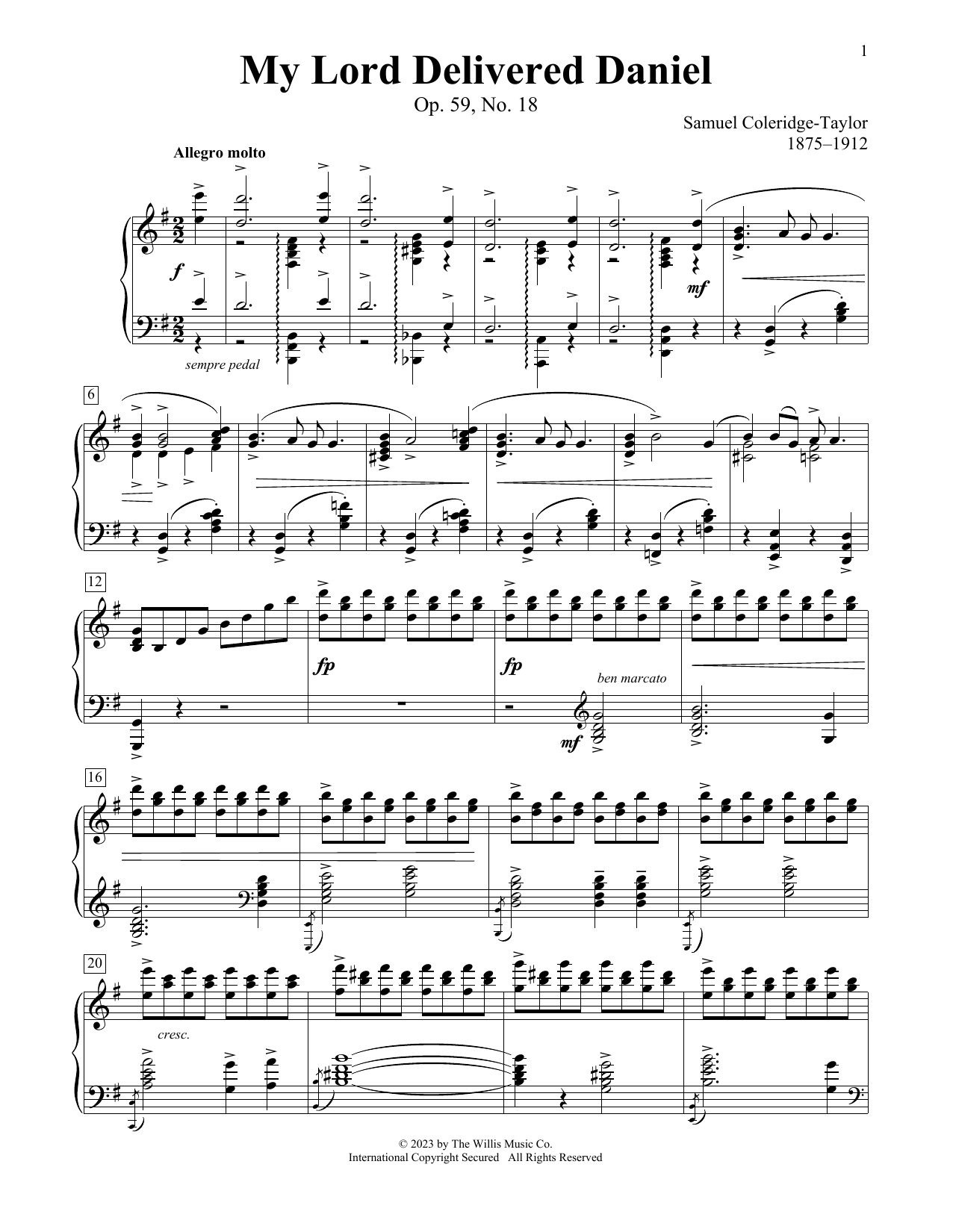 Samuel Coleridge-Taylor My Lord Delivered Daniel, Op. 59, No. 18 Sheet Music Notes & Chords for Educational Piano - Download or Print PDF