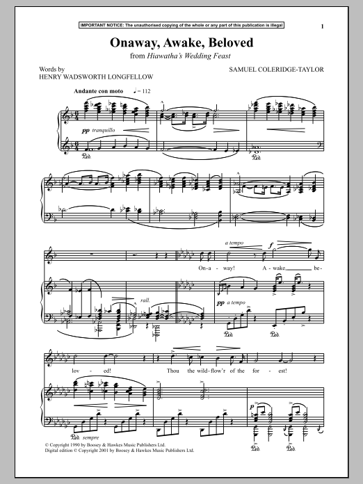 Samuel Coleridge-Taylor Onaway, Awake, Beloved (from Hiawatha's Wedding Feast) Sheet Music Notes & Chords for Piano & Vocal - Download or Print PDF
