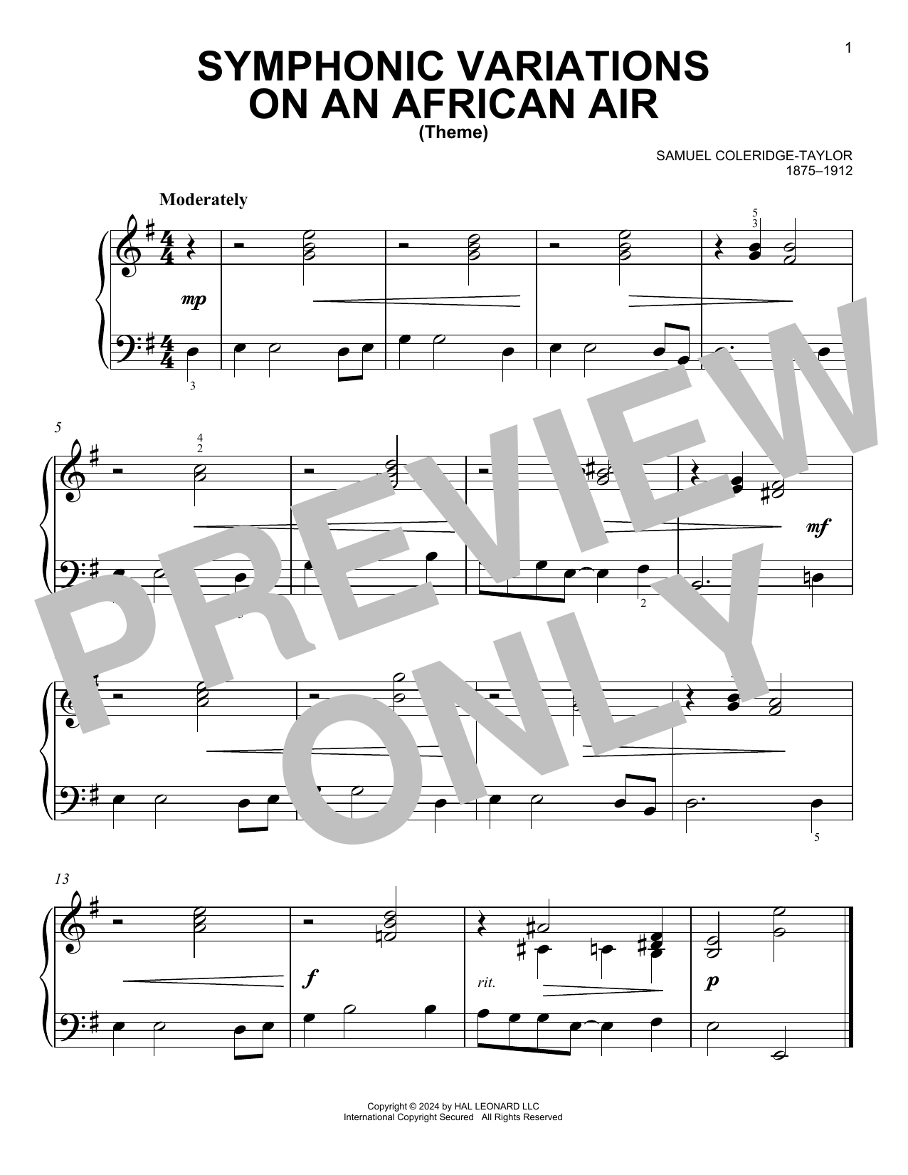Samuel Coleridge-Taylor Symphonic Variations On An African Air Sheet Music Notes & Chords for Easy Piano - Download or Print PDF