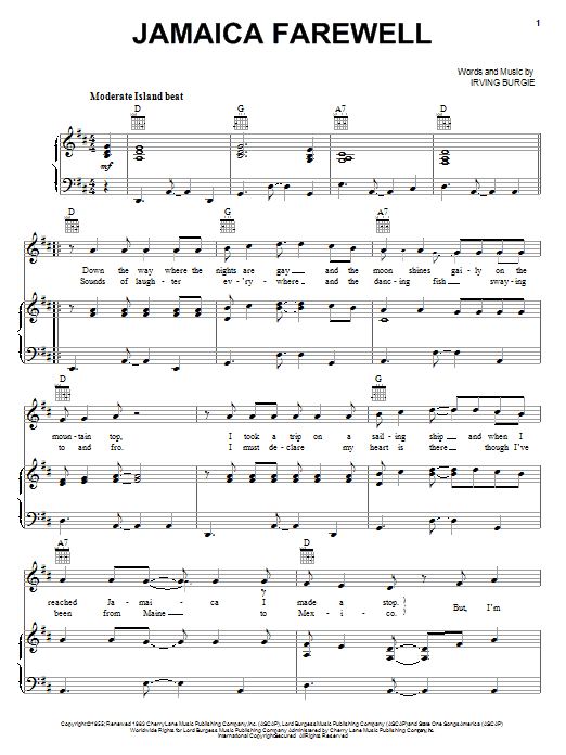 Samuel E. Wright Jamaica Farewell Sheet Music Notes & Chords for Piano, Vocal & Guitar (Right-Hand Melody) - Download or Print PDF
