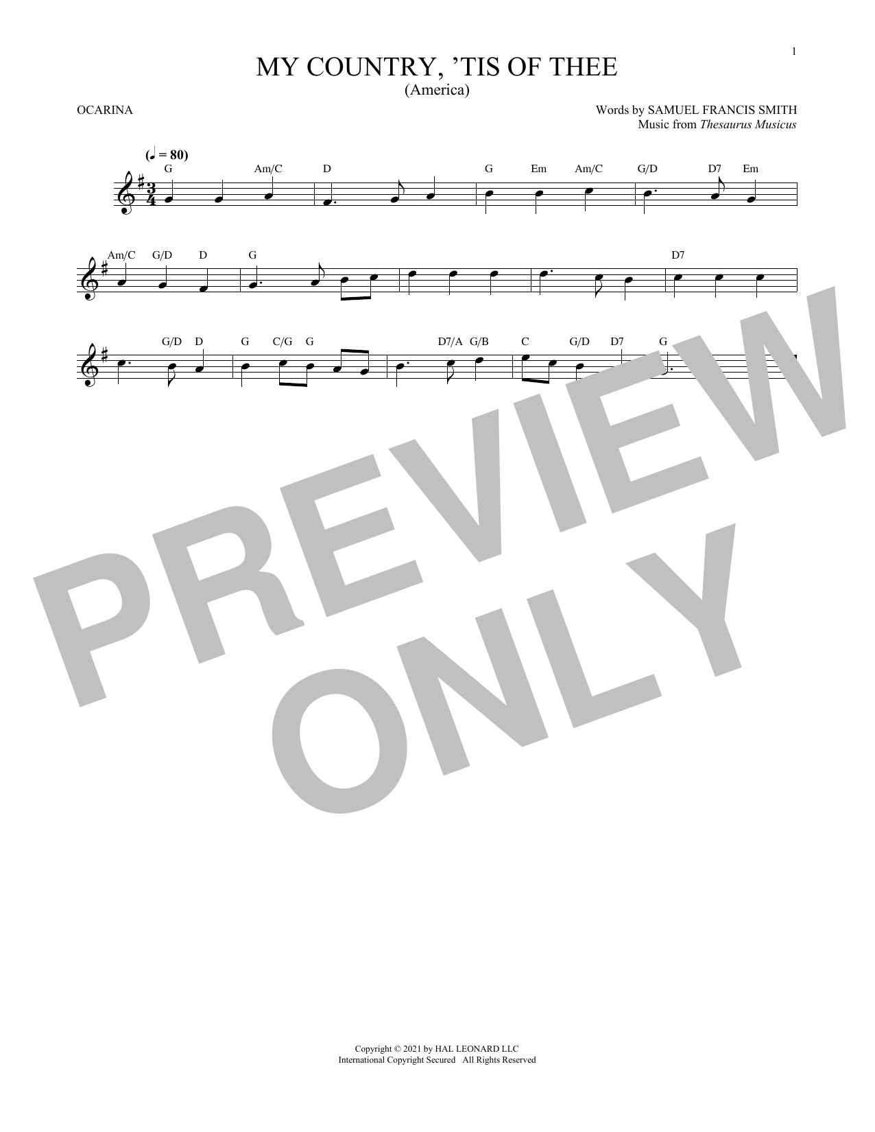 Samuel Francis Smith My Country, 'Tis Of Thee (America) (arr. Cris Gale) Sheet Music Notes & Chords for Ocarina - Download or Print PDF