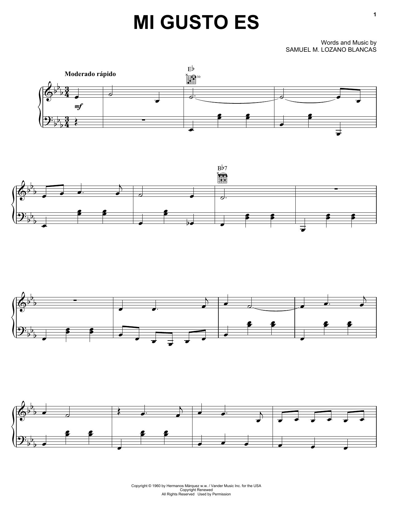 Samuel M. Lozano Blancas Mi Gusto Es Sheet Music Notes & Chords for Piano, Vocal & Guitar (Right-Hand Melody) - Download or Print PDF