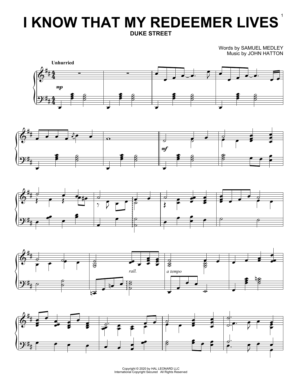 Samuel Medley and John Hatton I Know That My Redeemer Lives Sheet Music Notes & Chords for Piano Solo - Download or Print PDF